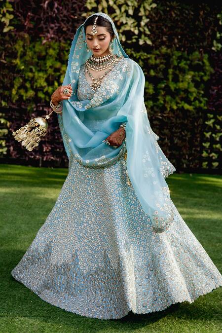 Buy_Mrunalini Rao_Blue Silk, Organza Zari, Embroidery Taara Bloom Zardozi Work Bridal Lehenga Set 