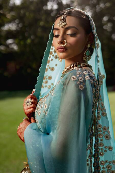 Shop_Mrunalini Rao_Blue Silk, Organza Zari, Embroidery Taara Bloom Zardozi Work Bridal Lehenga Set 