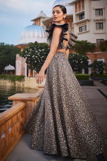 Shop_Mrunalini Rao_Black Silk, Net, Organza Zari, Embroidery Taara Bloom Zardozi Work Lehenga Set 