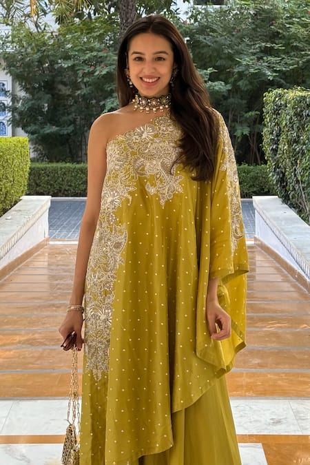 Mrunalini Rao_Green Silk Pearls, Sequins, Liana Neckline Embroidered Kaftan And Draped Pant Set _at_Aza_Fashions