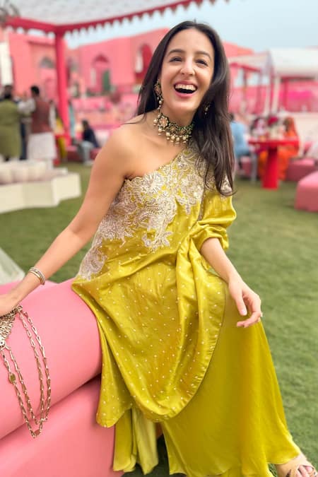 Shop_Mrunalini Rao_Green Silk Pearls, Sequins, Liana Neckline Embroidered Kaftan And Draped Pant Set 