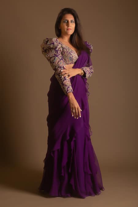 Mrunalini Rao Purple Saree Chiffon Embroidered Resham V Ruffle With Multi Colored Blouse 