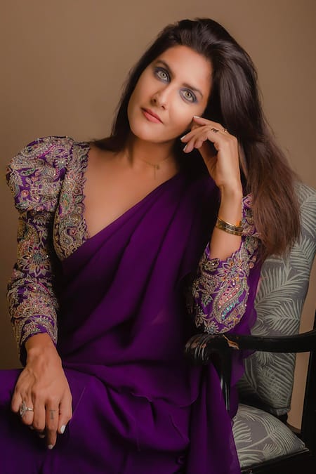 Buy_Mrunalini Rao_Purple Chiffon, Silk Embroidery V-neck Ruffle Saree With Multi Colored Blouse 