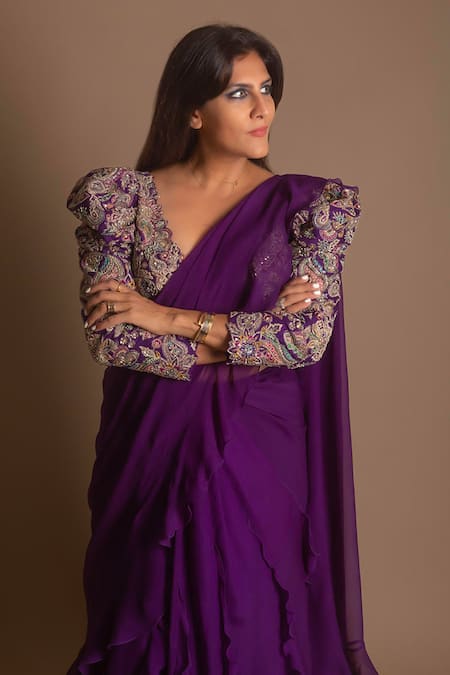 Shop_Mrunalini Rao_Purple Chiffon, Silk Embroidery V-neck Ruffle Saree With Multi Colored Blouse 