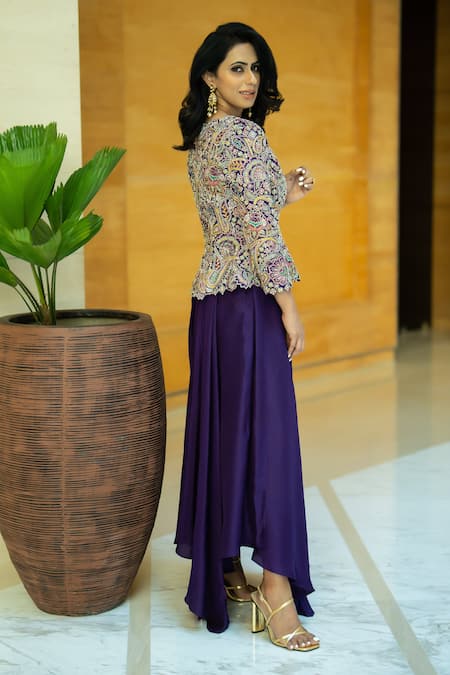 Mrunalini Rao_Purple Jacket Raw Silk Embroidered Resham V Neck Paisley And Flared Pant _at_Aza_Fashions