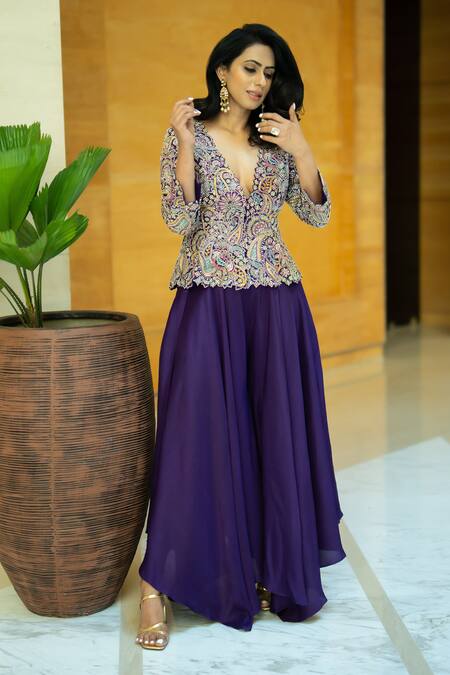 Buy_Mrunalini Rao_Purple Jacket Raw Silk Embroidered Resham V Neck Paisley And Flared Pant 