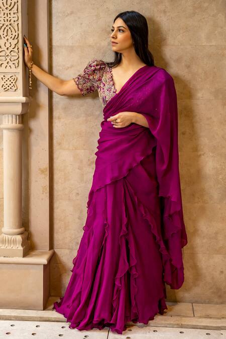 Shop Mrunalini Rao Magenta Chiffon, Silk Zari, Embroidery V-neck Ruffle Saree With Floral Blouse Shop_Mrunalini Rao_Magenta Chiffon, Silk Zari, Embroidery V-neck Ruffle Saree With Floral Blouse