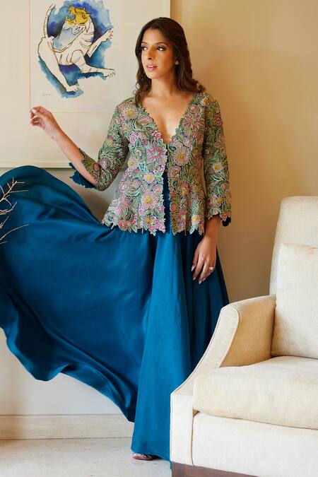 Buy_Mrunalini Rao_Blue Silk Embroidery, Zari V-neck Peplum Jacket Flared Pant Set 