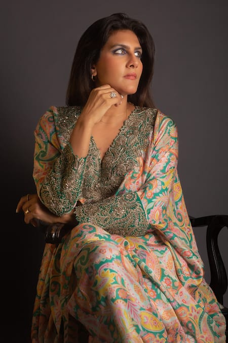 Shop_Mrunalini Rao_Green Silk Applique, Embroidery V-neck Vintage Print Kaftan And Pant Set 