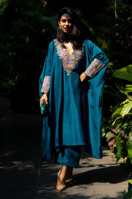 Shop Mrunalini Rao Blue Silk Embroidery V-neck Placement Kaftan And Pant Set Online at Aza Fashions Shop_Mrunalini Rao_Blue Silk Embroidery V-neck Placement Kaftan And Pant Set _Online_at_Aza_Fashions