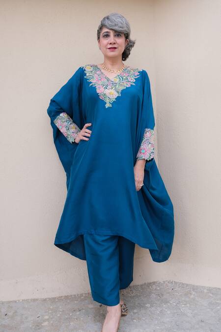 Shop_Mrunalini Rao_Blue Silk Embroidery V-neck Placement Kaftan And Pant Set 