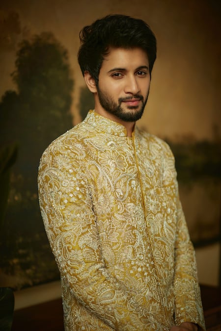 Buy Mrunalini Rao Yellow Silk Embroidery Nevan Resham Sherwani Set Online at Aza Fashions Buy_Mrunalini Rao_Yellow Silk Embroidery Nevan Resham Sherwani Set _Online_at_Aza_Fashions