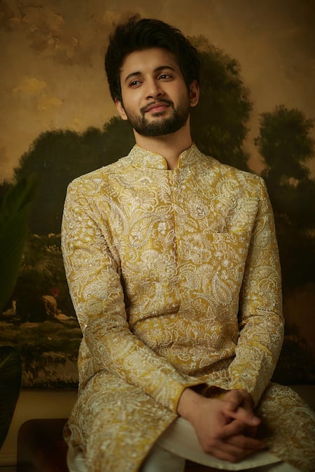 Shop Mrunalini Rao Yellow Silk Embroidery Nevan Resham Sherwani Set Online at Aza Fashions Shop_Mrunalini Rao_Yellow Silk Embroidery Nevan Resham Sherwani Set _Online_at_Aza_Fashions