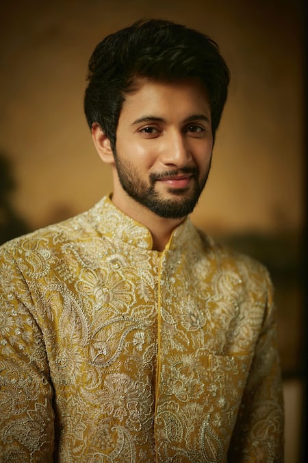 Buy Mrunalini Rao Yellow Silk Embroidery Nevan Resham Sherwani Set Buy_Mrunalini Rao_Yellow Silk Embroidery Nevan Resham Sherwani Set
