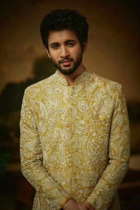 Shop Mrunalini Rao Yellow Silk Embroidery Nevan Resham Sherwani Set Shop_Mrunalini Rao_Yellow Silk Embroidery Nevan Resham Sherwani Set