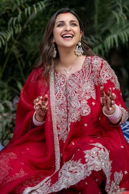 Shop_Mrunalini Rao_Red Silk, Organza Zari Round Neck Kalpa Zardozi Embroidered Anarkali Set _Online_at_Aza_Fashions