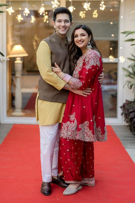 Mrunalini Rao_Red Silk, Organza Zari Round Neck Kalpa Zardozi Embroidered Anarkali Set _at_Aza_Fashions