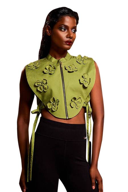 Buy Echke Green Cotton Fabric Flowers Mandarin Collar 3d Floral Work Top Online at Aza Fashions Buy_Echke_Green Cotton Fabric Flowers Mandarin Collar 3d Floral Work Top _Online_at_Aza_Fashions