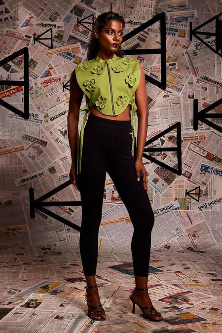 Shop Echke Green Cotton Fabric Flowers Mandarin Collar 3d Floral Work Top Online at Aza Fashions Shop_Echke_Green Cotton Fabric Flowers Mandarin Collar 3d Floral Work Top _Online_at_Aza_Fashions