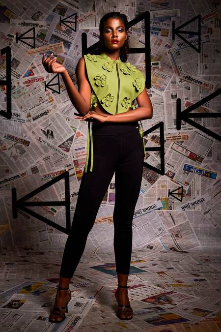 Echke Green Cotton Fabric Flowers Mandarin Collar 3d Floral Work Top at Aza Fashions Echke_Green Cotton Fabric Flowers Mandarin Collar 3d Floral Work Top _at_Aza_Fashions