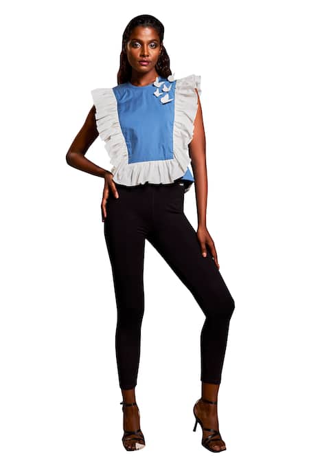 Echke Blue Cotton Applique Collared Frilled Butterfly Top Online at Aza Fashions Echke_Blue Cotton Applique Collared Frilled Butterfly Top _Online_at_Aza_Fashions