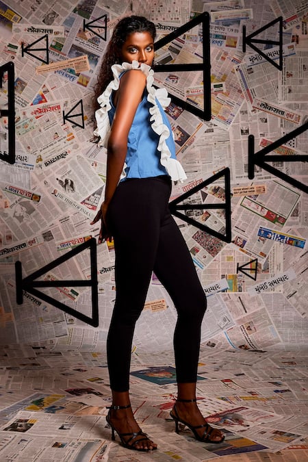 Shop Echke Blue Cotton Applique Collared Frilled Butterfly Top Online at Aza Fashions Shop_Echke_Blue Cotton Applique Collared Frilled Butterfly Top _Online_at_Aza_Fashions