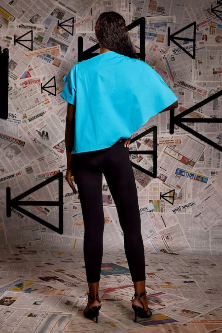 Shop Echke Blue Cotton Mandarin Collar Asymmetric Ruched Top at Aza Fashions Shop_Echke_Blue Cotton Mandarin Collar Asymmetric Ruched Top _at_Aza_Fashions