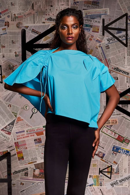 Echke Blue Cotton Mandarin Collar Asymmetric Ruched Top Online at Aza Fashions Echke_Blue Cotton Mandarin Collar Asymmetric Ruched Top _Online_at_Aza_Fashions