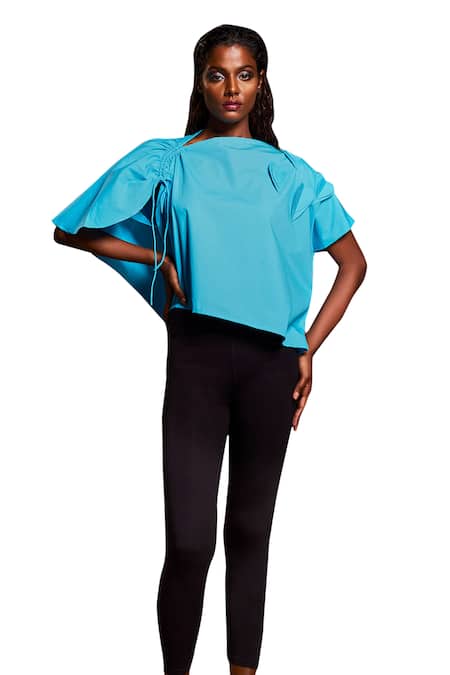 Buy Echke Blue Cotton Mandarin Collar Asymmetric Ruched Top Online at Aza Fashions Buy_Echke_Blue Cotton Mandarin Collar Asymmetric Ruched Top _Online_at_Aza_Fashions