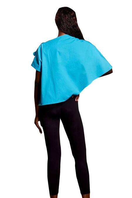 Echke Blue Cotton Mandarin Collar Asymmetric Ruched Top at Aza Fashions Echke_Blue Cotton Mandarin Collar Asymmetric Ruched Top _at_Aza_Fashions
