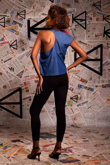 Shop Echke Blue Denim Fabric Flowers Cowl Neck Neckline Top at Aza Fashions Shop_Echke_Blue Denim Fabric Flowers Cowl Neck Neckline Top _at_Aza_Fashions