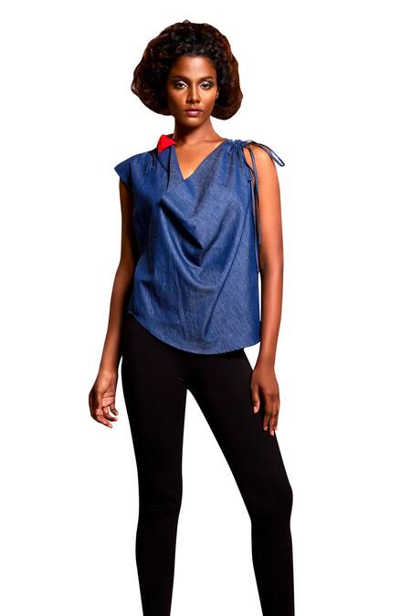 Buy Echke Blue Denim Fabric Flowers Cowl Neck Neckline Top Online at Aza Fashions Buy_Echke_Blue Denim Fabric Flowers Cowl Neck Neckline Top _Online_at_Aza_Fashions