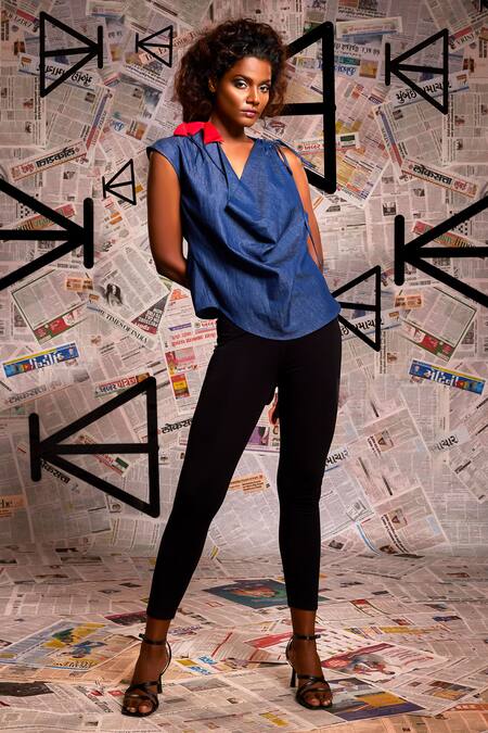 Echke Blue Denim Fabric Flowers Cowl Neck Neckline Top at Aza Fashions Echke_Blue Denim Fabric Flowers Cowl Neck Neckline Top _at_Aza_Fashions