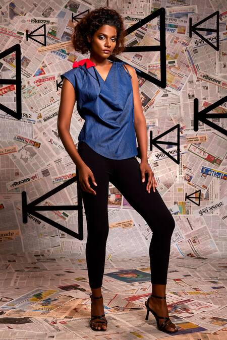 Buy Echke Blue Denim Fabric Flowers Cowl Neck Neckline Top Buy_Echke_Blue Denim Fabric Flowers Cowl Neck Neckline Top