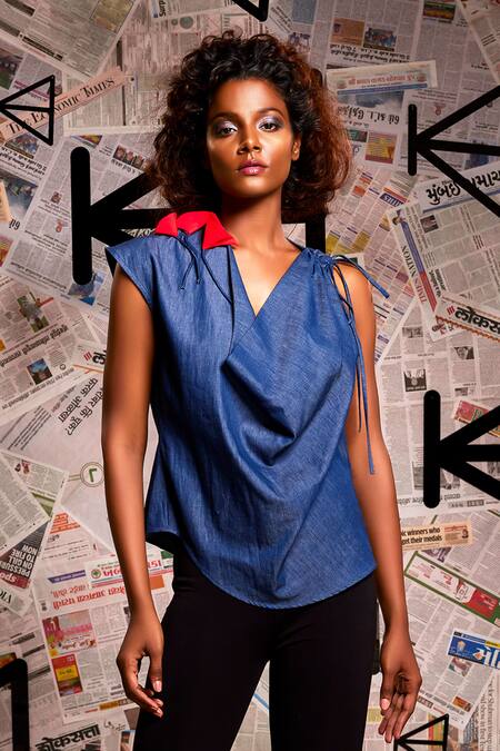 Shop Echke Blue Denim Fabric Flowers Cowl Neck Neckline Top Shop_Echke_Blue Denim Fabric Flowers Cowl Neck Neckline Top