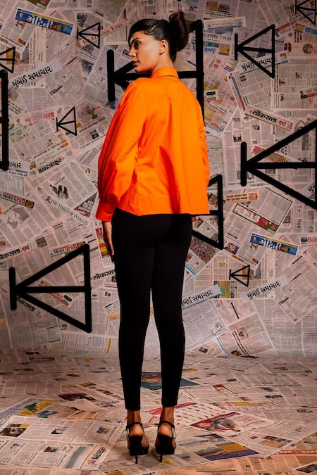 Shop Echke Orange Cotton Collared Solid High Low Shirt at Aza Fashions Shop_Echke_Orange Cotton Collared Solid High Low Shirt _at_Aza_Fashions