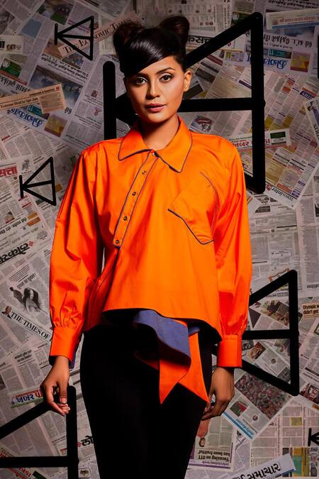 Echke Orange Cotton Collared Solid High Low Shirt Online at Aza Fashions Echke_Orange Cotton Collared Solid High Low Shirt _Online_at_Aza_Fashions