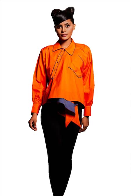 Buy Echke Orange Cotton Collared Solid High Low Shirt Online at Aza Fashions Buy_Echke_Orange Cotton Collared Solid High Low Shirt _Online_at_Aza_Fashions