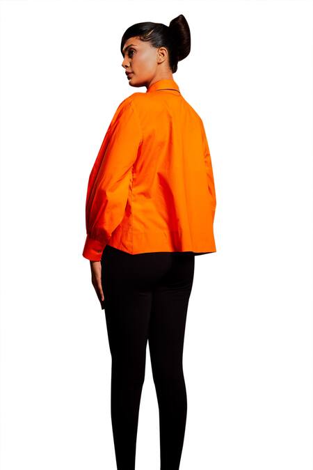 Shop Echke Orange Cotton Collared Solid High Low Shirt Online at Aza Fashions Shop_Echke_Orange Cotton Collared Solid High Low Shirt _Online_at_Aza_Fashions