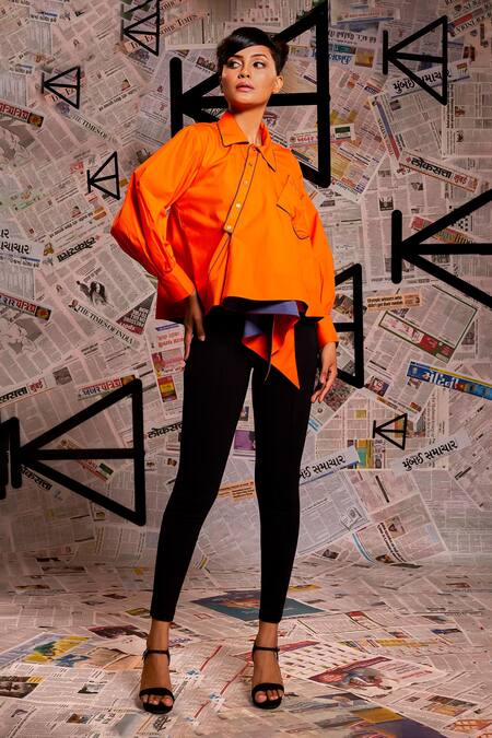 Echke Orange Cotton Collared Solid High Low Shirt at Aza Fashions Echke_Orange Cotton Collared Solid High Low Shirt _at_Aza_Fashions