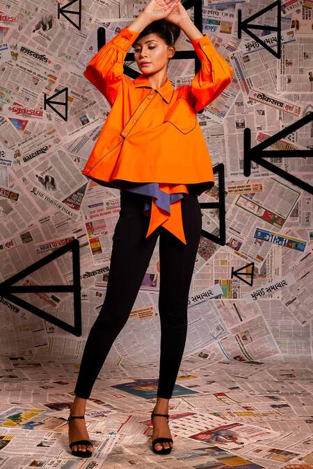 Buy Echke Orange Cotton Collared Solid High Low Shirt Buy_Echke_Orange Cotton Collared Solid High Low Shirt