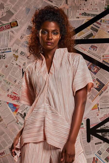 Echke Peach Silk, Lurex V-neck Metallic Pleated Asymmetric Top And Pant Set Online at Aza Fashions Echke_Peach Silk, Lurex V-neck Metallic Pleated Asymmetric Top And Pant Set _Online_at_Aza_Fashions