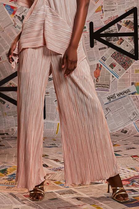 Buy Echke Peach Silk, Lurex V-neck Metallic Pleated Asymmetric Top And Pant Set Online at Aza Fashions Buy_Echke_Peach Silk, Lurex V-neck Metallic Pleated Asymmetric Top And Pant Set _Online_at_Aza_Fashions