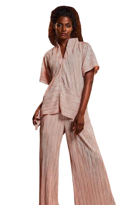 Shop Echke Peach Silk, Lurex V-neck Metallic Pleated Asymmetric Top And Pant Set Online at Aza Fashions Shop_Echke_Peach Silk, Lurex V-neck Metallic Pleated Asymmetric Top And Pant Set _Online_at_Aza_Fashions