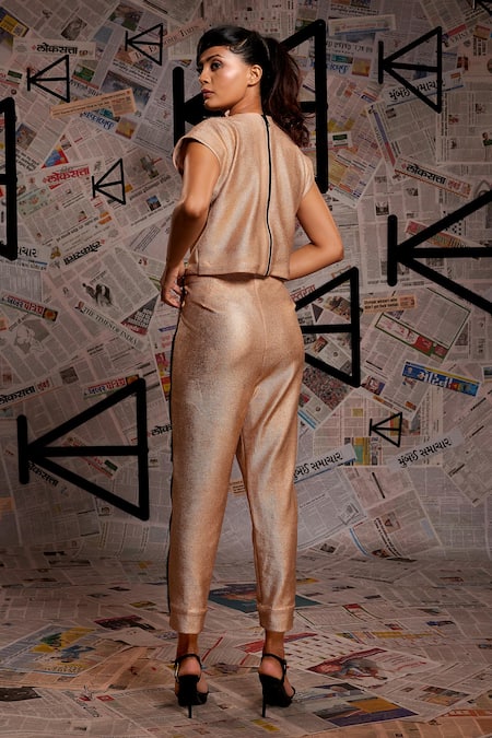Shop_Echke_Gold Polyester, Lurex Collared Metallic Crop Jacket And Pant Set _at_Aza_Fashions