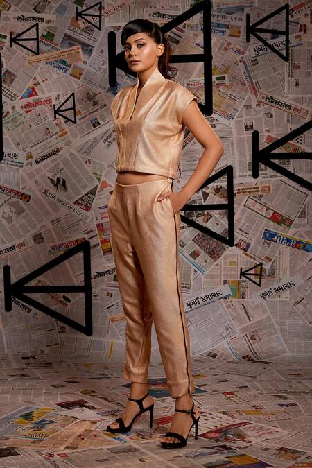 Echke_Gold Polyester, Lurex Collared Metallic Crop Jacket And Pant Set _Online_at_Aza_Fashions