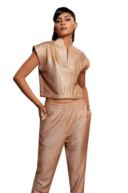 Echke_Gold Polyester, Lurex Collared Metallic Crop Jacket And Pant Set _at_Aza_Fashions