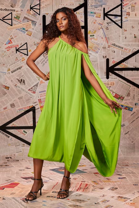 Shop_Echke_Green Crepe Halter Neck Toga Midi Dress _at_Aza_Fashions