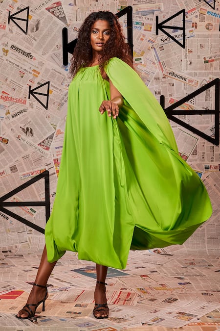 Echke_Green Crepe Halter Neck Toga Midi Dress _Online_at_Aza_Fashions