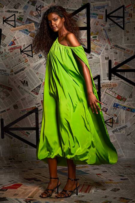 Echke_Green Crepe Halter Neck Toga Midi Dress _at_Aza_Fashions